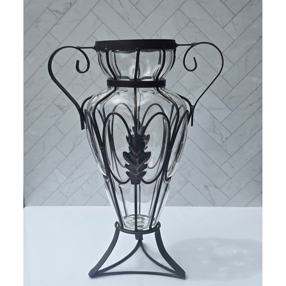 Wrought Iron and Caged Blown Glass Amphora Vase Scrolled Handles Rustic 15 in